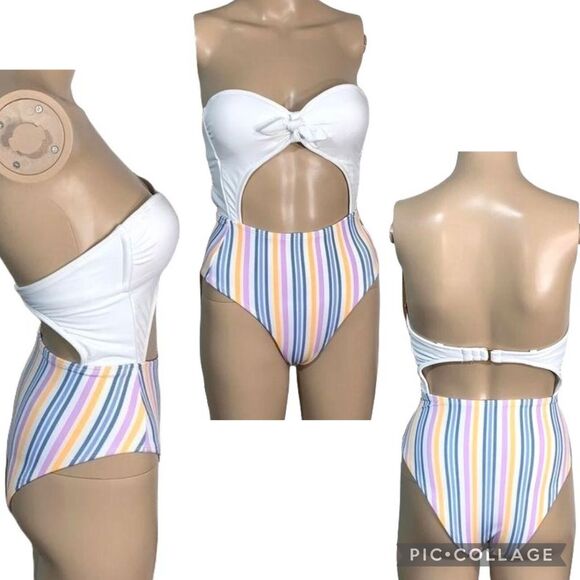 Xhilaration Womens Monokini Swimsuit One Piece Retro Striped Strapless Cutout XS - Picture 1 of 11